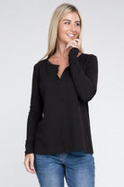 Women's Shirts Melange Baby Waffle V-Neck Long Sleeve Top