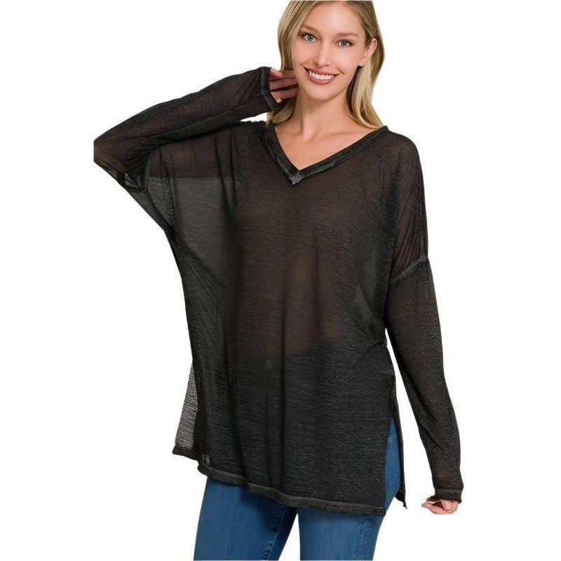 Melange Burnout Dolman Sleeve V-Neck Top - VacationGrabs