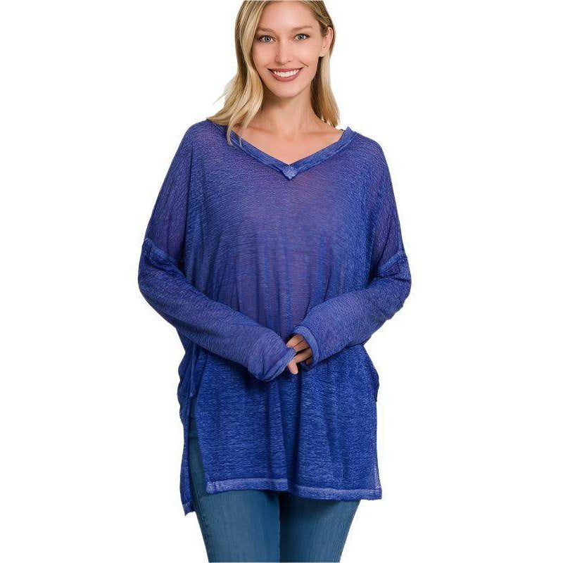 Melange Burnout Dolman Sleeve V-Neck Top - VacationGrabs