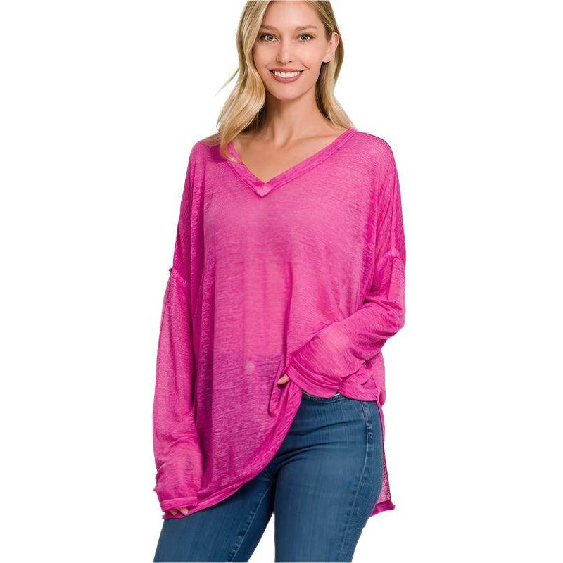 Melange Burnout Dolman Sleeve V-Neck Top - VacationGrabs