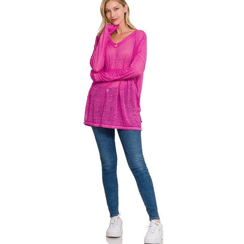 Melange Burnout Dolman Sleeve V-Neck Top - VacationGrabs