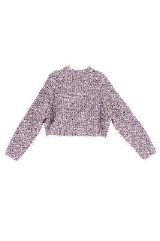 Lilou Women's Melange Knit Sweater in Light Purple with Cropped Design and Long Sleeves