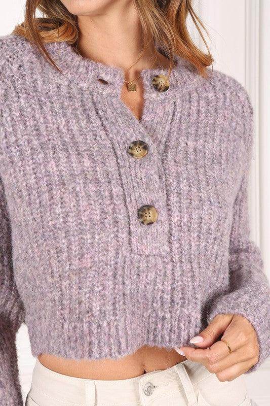 Lilou women's melange knit sweater in soft purple with button details for cozy layering