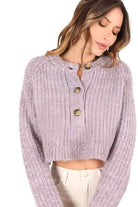Lilou Women's Melange Knit Sweater in Light Purple with Button Closure and Cropped Fit