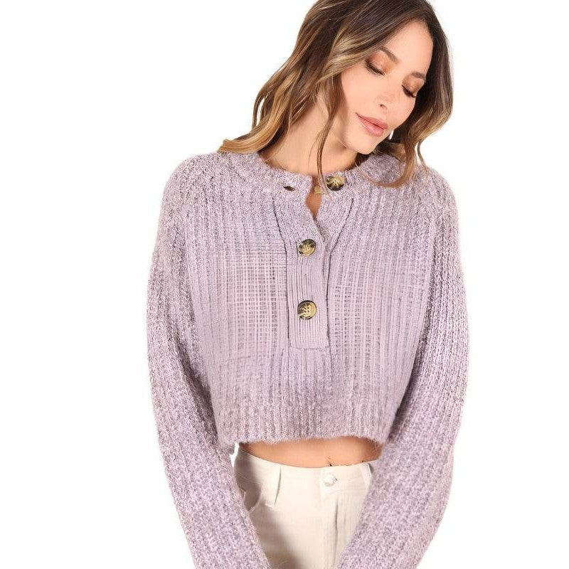 Lilou Women's Melange Knit Sweater in Light Purple with Button Closure and Cropped Fit