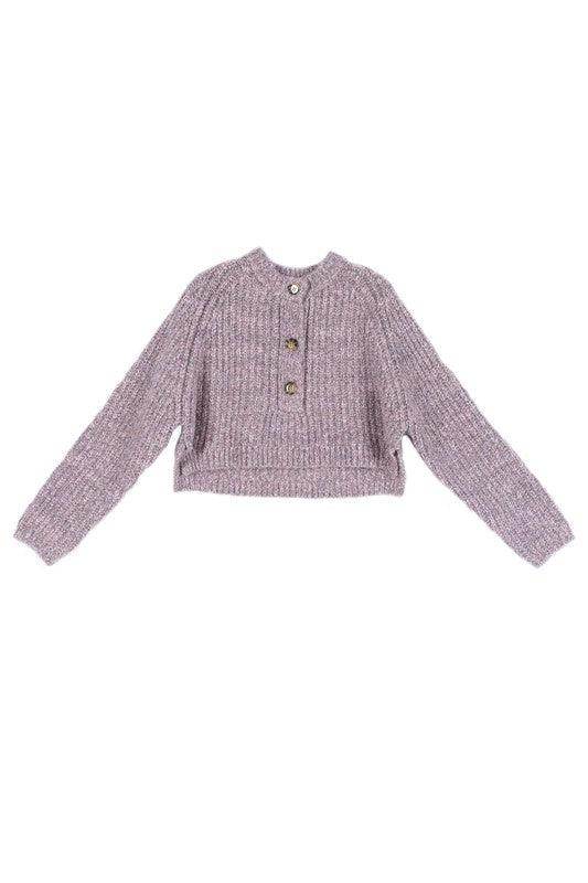 Lilou Women's Melange Knit Sweater in Light Purple with Button Detail and Cropped Design