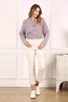 Lilou women's melange knit sweater in lavender with button details and a cropped fit