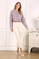 Lilou women's melange knit sweater in light purple with buttons, paired with white cropped pants