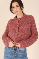 Lilou Women's Melange Knit Sweater in soft pink with button details and a cozy fit