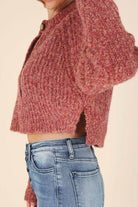 Lilou Women's Melange Knit Sweater in Rust Color with Side Slits and Ribbed Texture