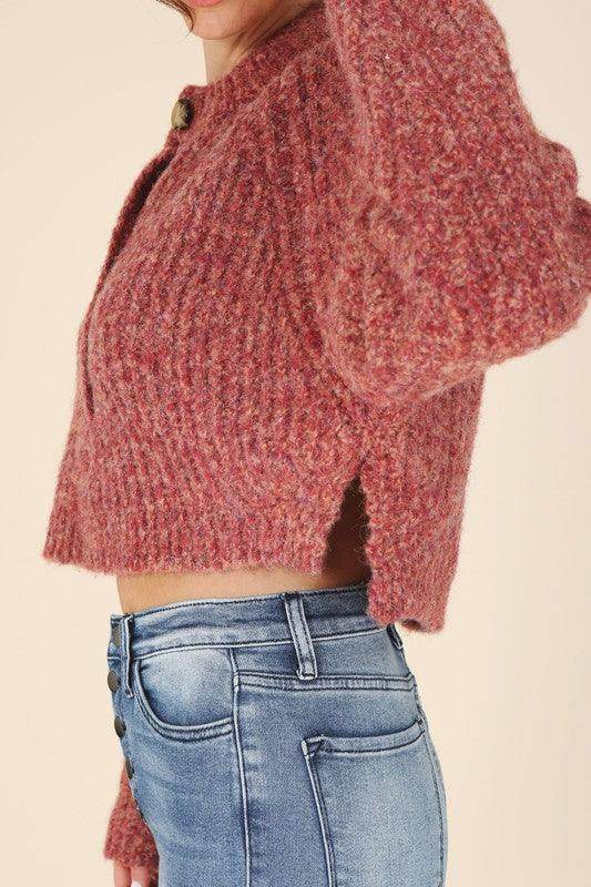Lilou Women's Melange Knit Sweater in Rust Color with Side Slits and Ribbed Texture
