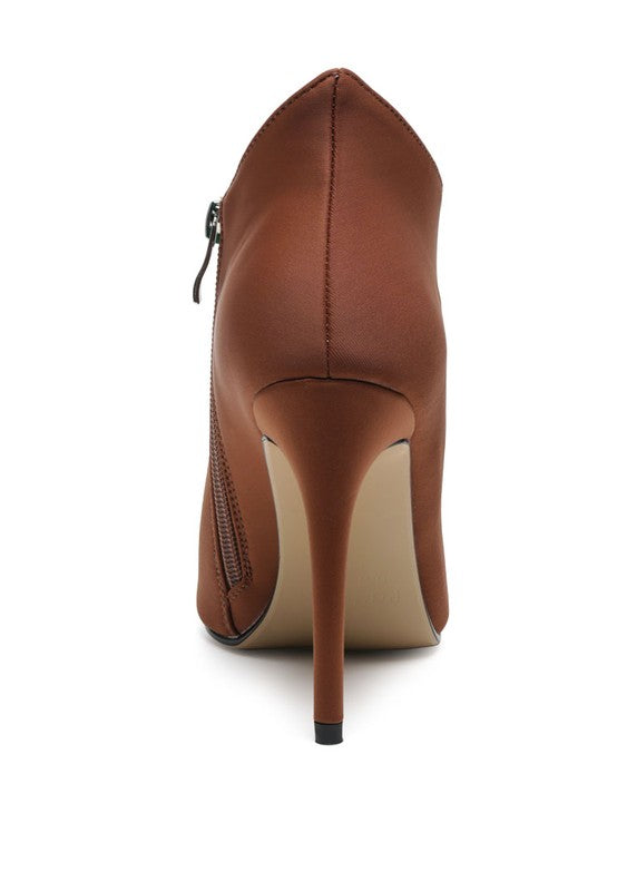 Melba high heel ankle boot in brown with a sleek design and back zipper closure
