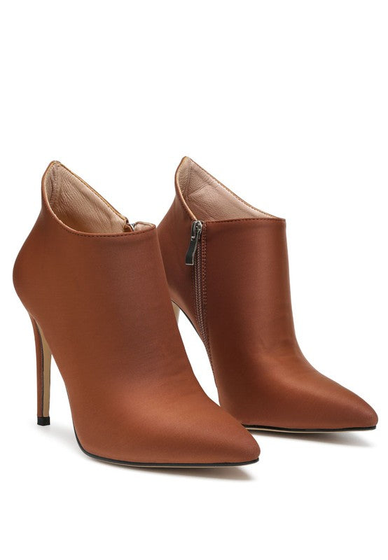 Stylish Melba high heel ankle boot in brown with a sleek pointed toe and side zipper