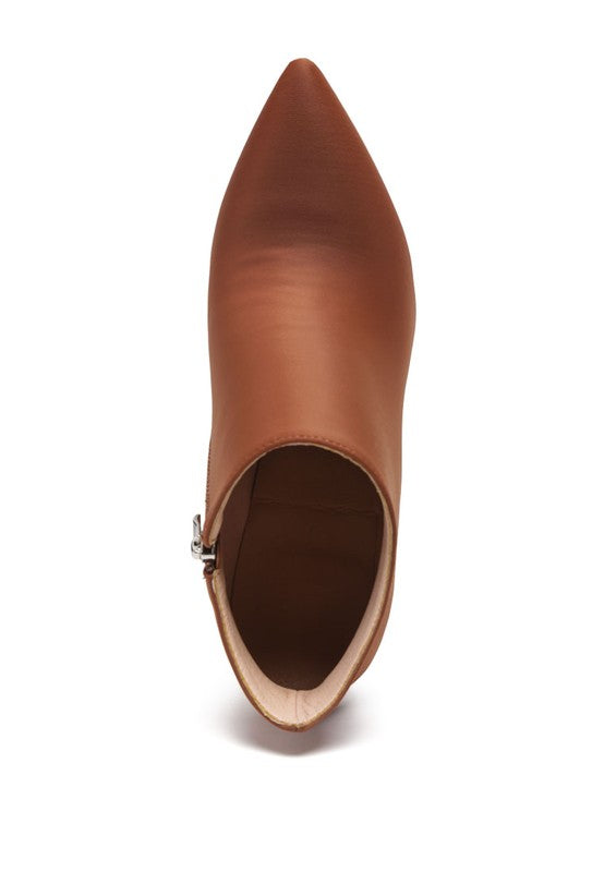 Melba high heel ankle boot in tan leather featuring a sleek pointed toe design