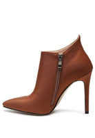 Rag Company Melba high heel ankle boot in brown with a sleek pointed toe and side zipper