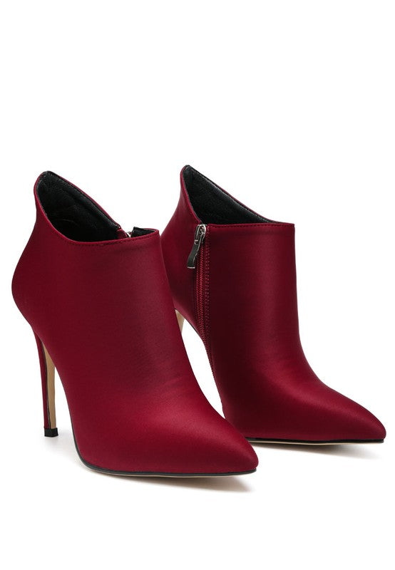 Rag Company Melba high heel ankle boot in burgundy satin with sleek pointed toes and a stylish zipper