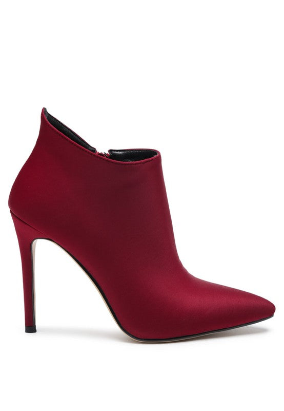Rag Company Melba high heel ankle boot in red satin with a pointed toe and sleek design