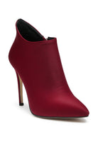 Rag Company Melba high heel ankle boot in red satin with a sleek pointed toe design