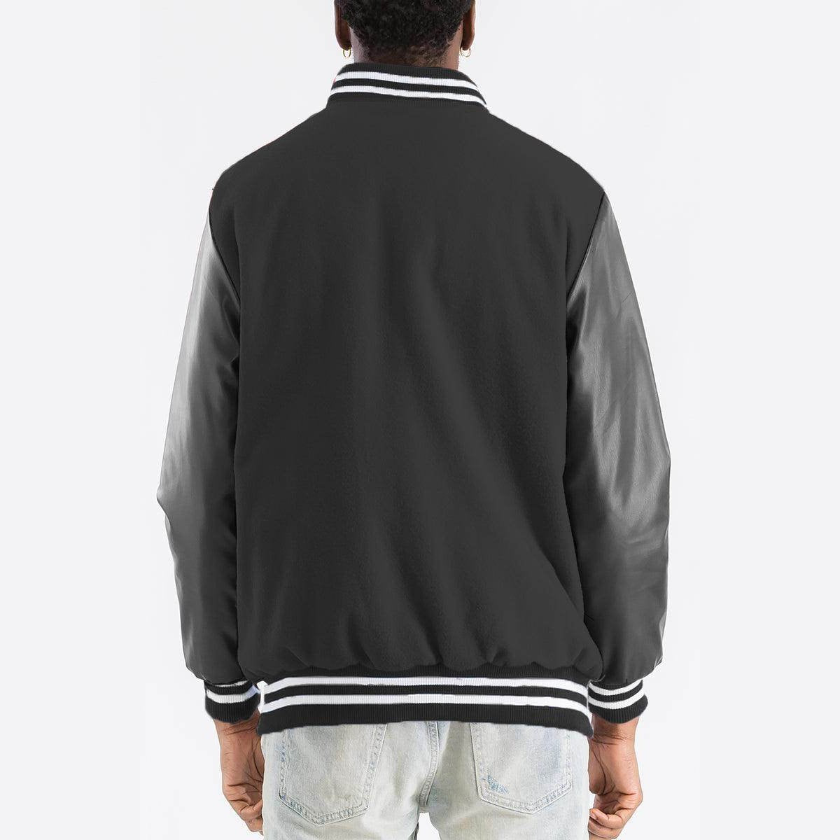 Back view of a Men's Melton varsity jacket by VacationGrabs with striped collar and cuffs