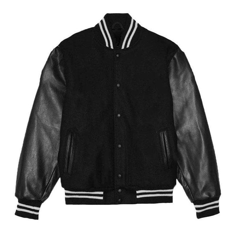 VacationGrabs Melton varsity jacket in black with leather sleeves and striped cuffs for a classic look