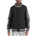 Men's Melton varsity jacket in black with leather sleeves and striped collar for a stylish look