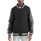 Men's Melton varsity jacket in black with leather sleeves and striped collar for a stylish look