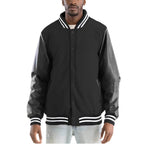 Men's Melton varsity jacket in black with leather sleeves and striped collar for a stylish look