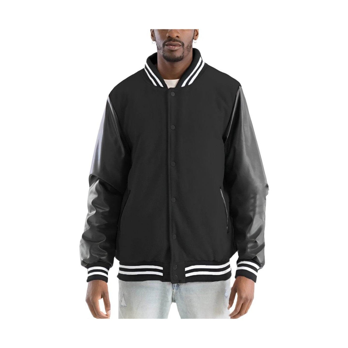 Men's Melton varsity jacket in black with leather sleeves and striped collar for a stylish look