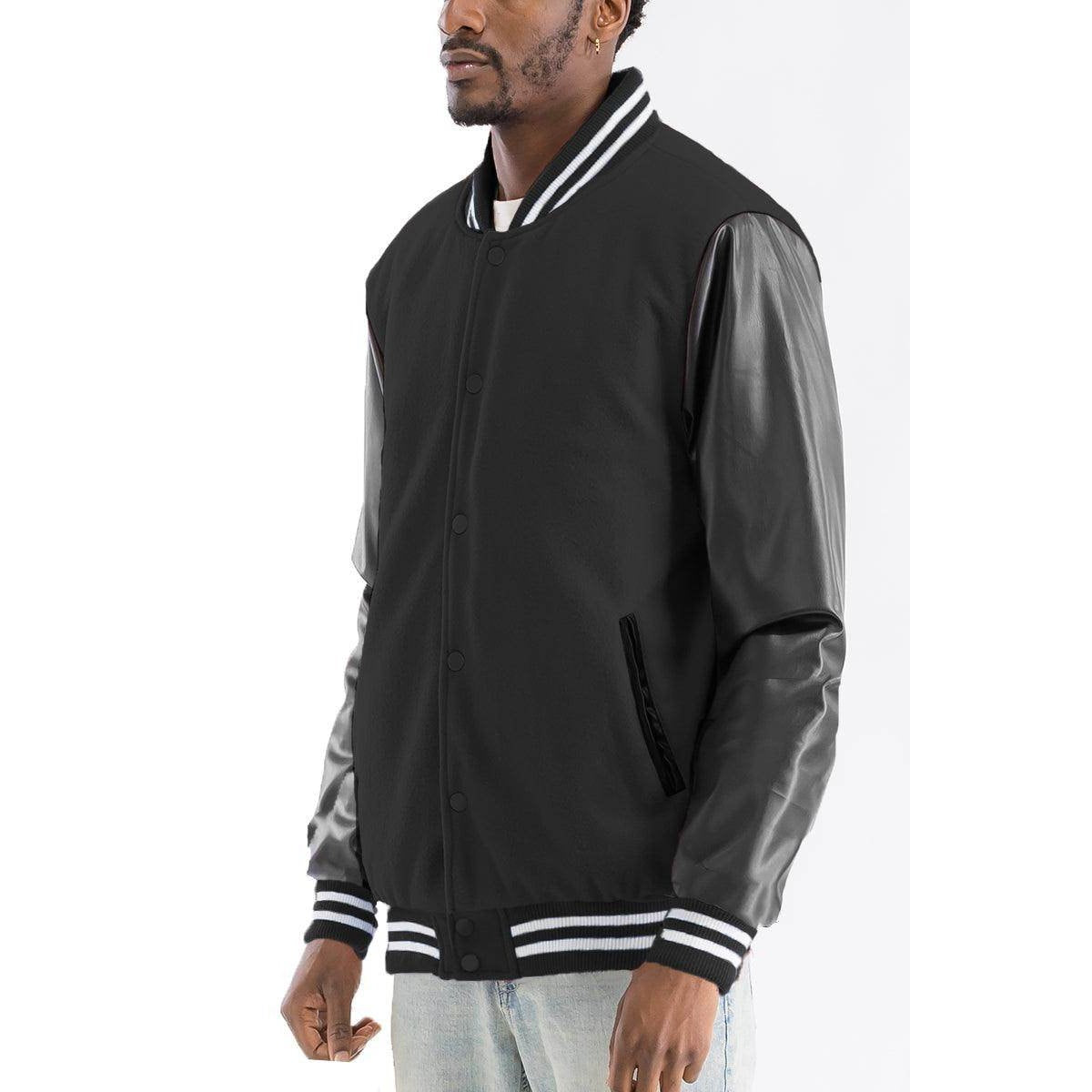 Men's Melton varsity jacket with black body and leather sleeves for stylish casual wear