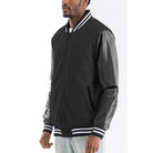 Men's Melton varsity jacket with black body and leather sleeves for stylish casual wear