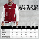 Men's Melton varsity jacket in maroon and white with size specifications for a comfortable fit
