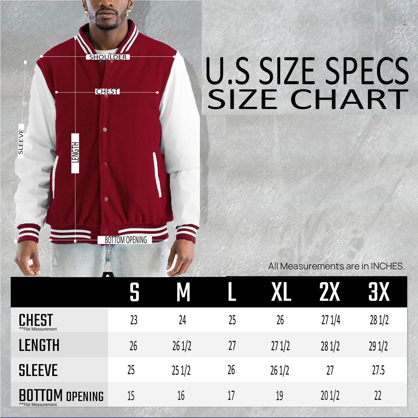 Men's Melton varsity jacket in maroon and white with size specifications for a comfortable fit