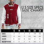 Men's Melton varsity jacket in maroon and white with size specifications for a comfortable fit