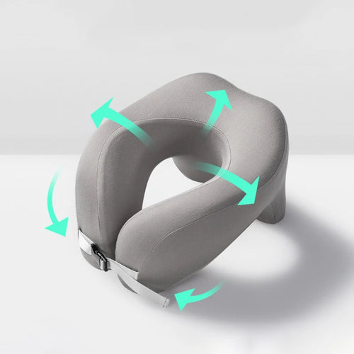 Gray memory foam travel pillow with adjustable neck support for comfortable journeys