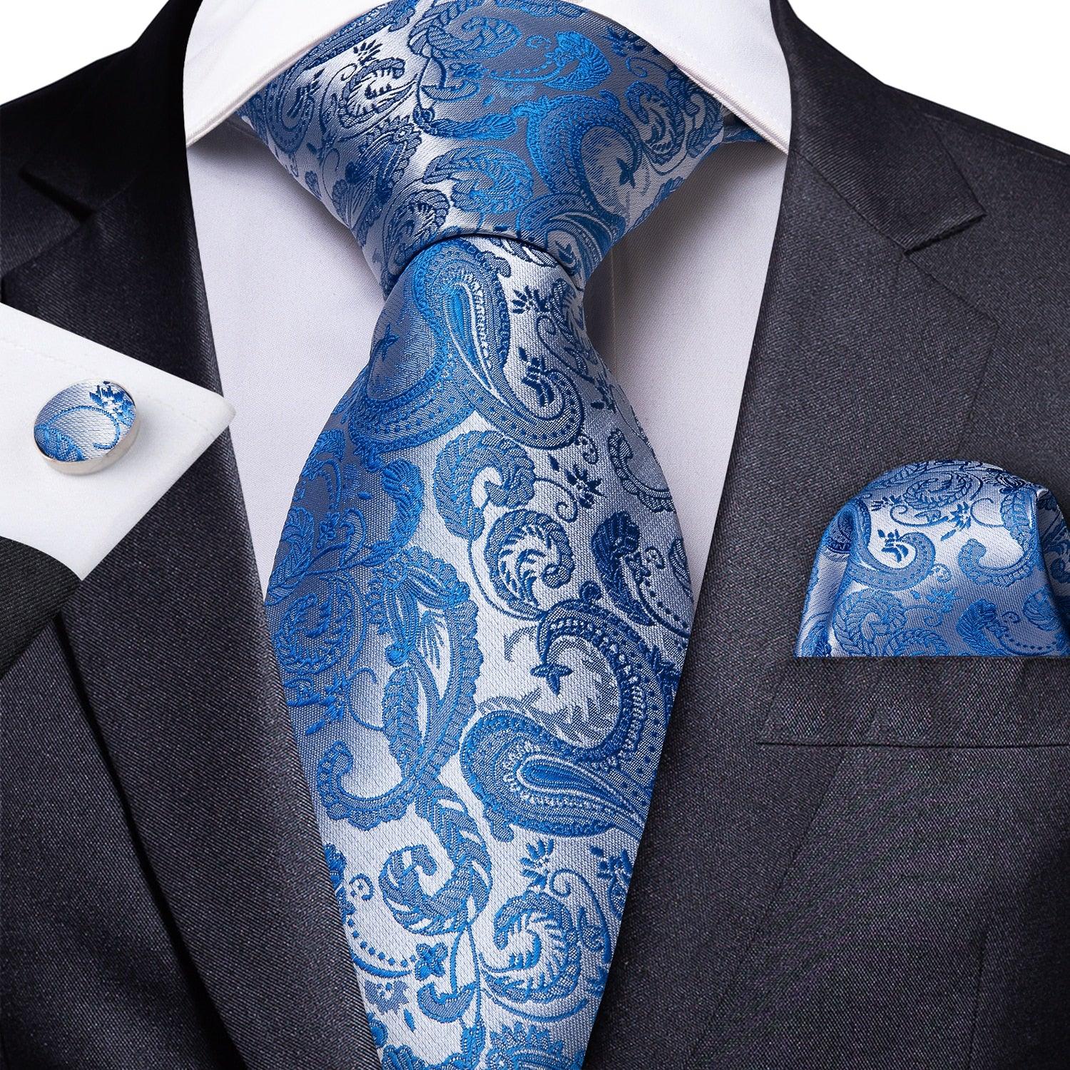 Men's Accessories - Ties Men Necktie Teal Blue Paisley Designer Silk Wedding Tie Hanky Cufflink Set