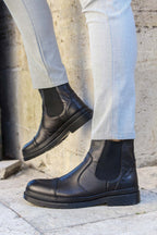 Men's Black Leather Chelsea Boots with Elastic Gussets – front view