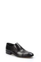 Men's Black Leather Slip-On Dress Shoes with Cap Toe – front view