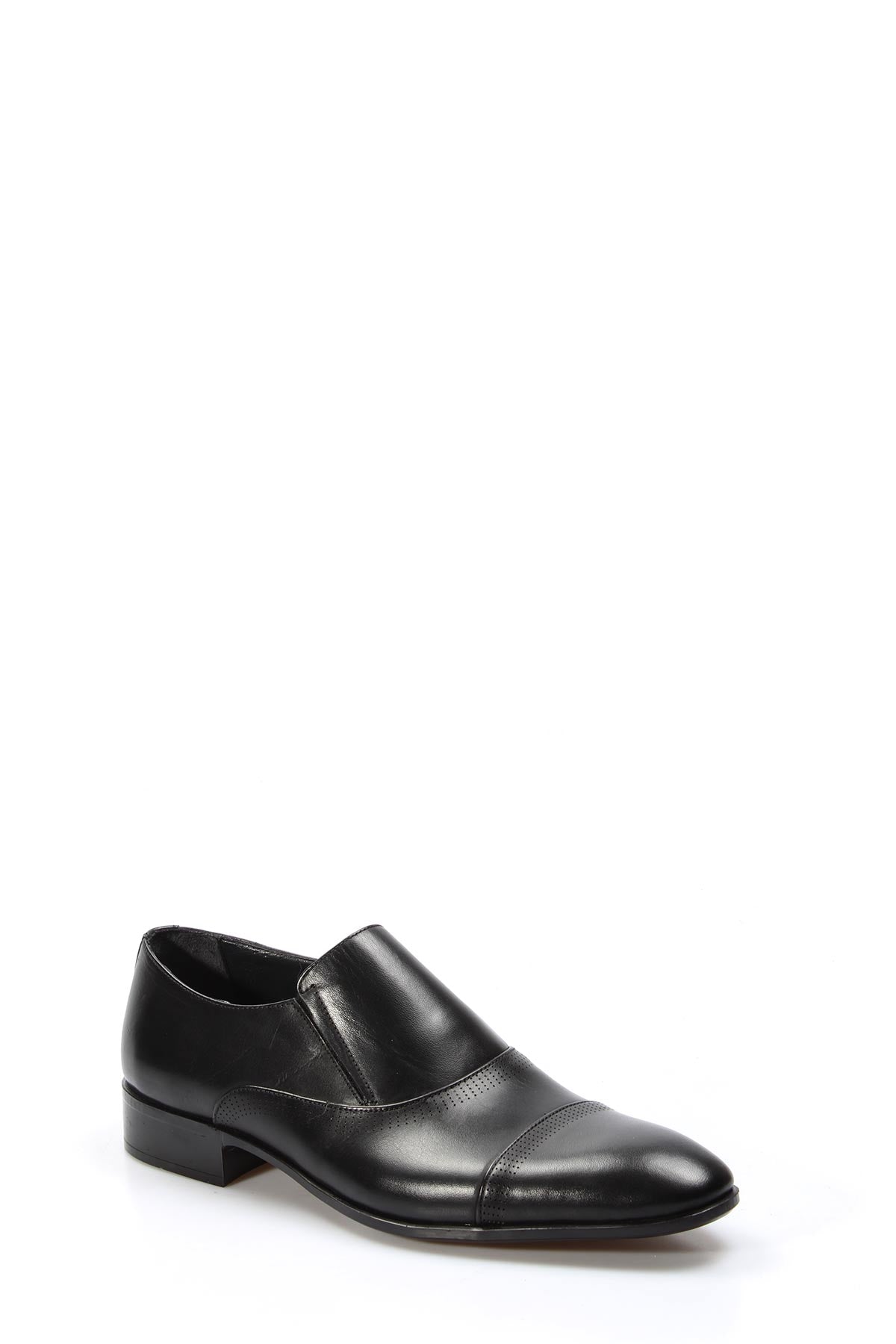 Men's Black Leather Slip-On Dress Shoes with Cap Toe – front view