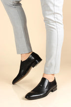 Men's Black Leather Slip-On Dress Shoes with Cap Toe – detail view