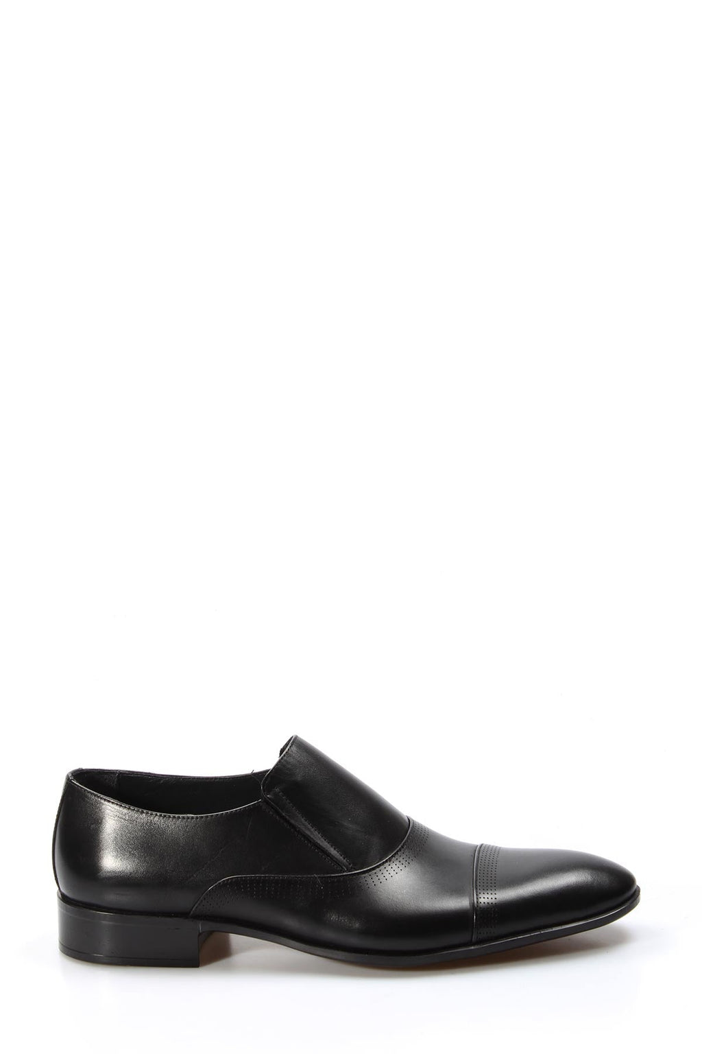 Men's Black Leather Slip-On Dress Shoes with Cap Toe – side view