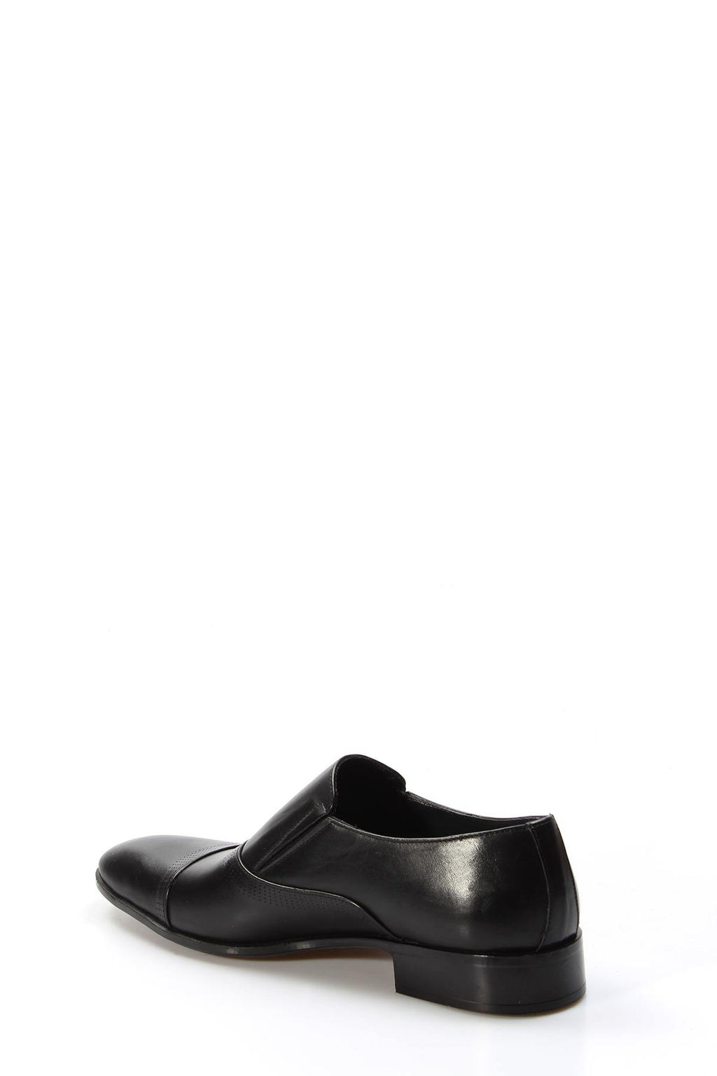 Men's Black Leather Slip-On Dress Shoes with Cap Toe – styled view