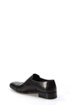 Men's Black Leather Slip-On Dress Shoes with Cap Toe – styled view