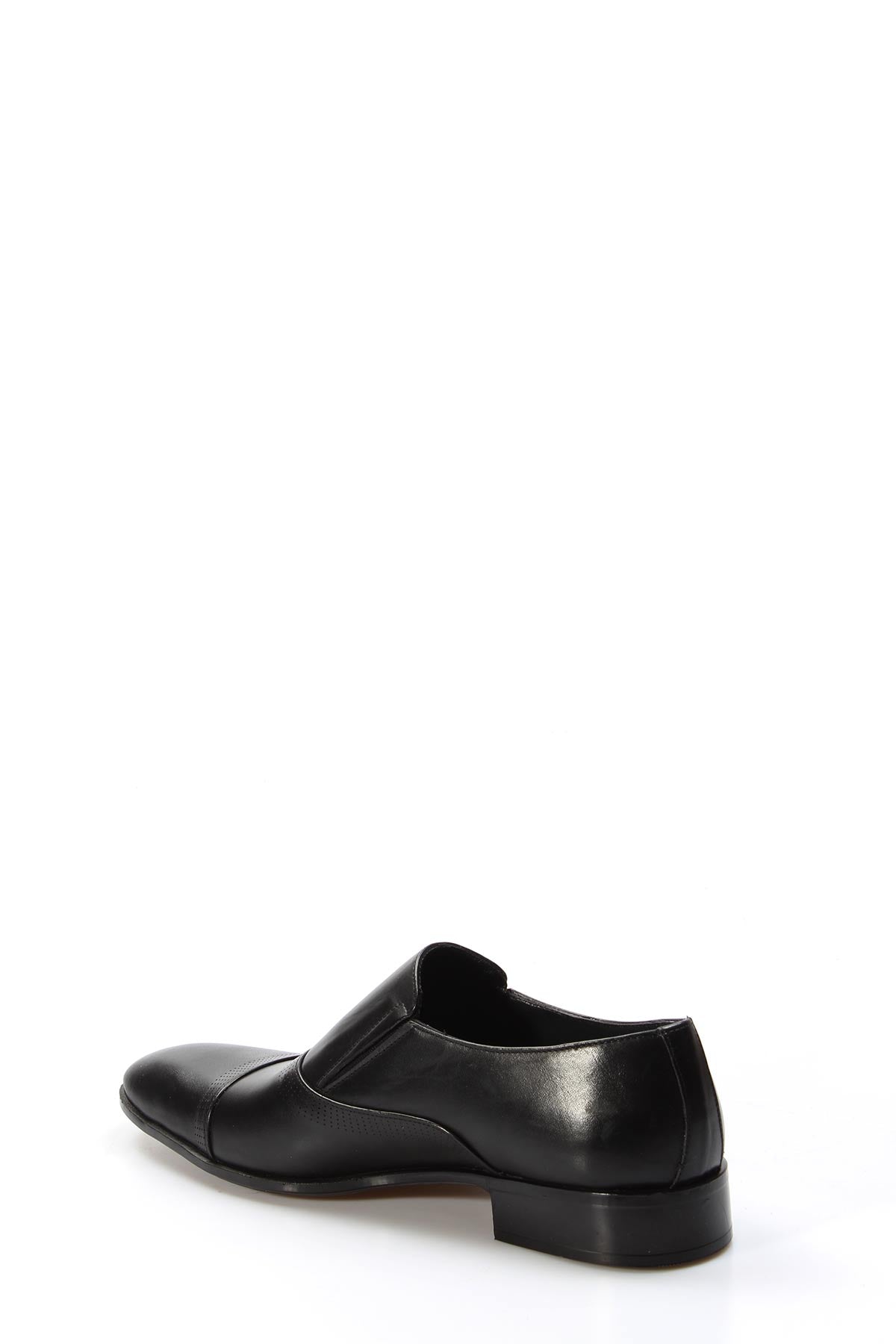 Men's Black Leather Slip-On Dress Shoes with Cap Toe – styled view