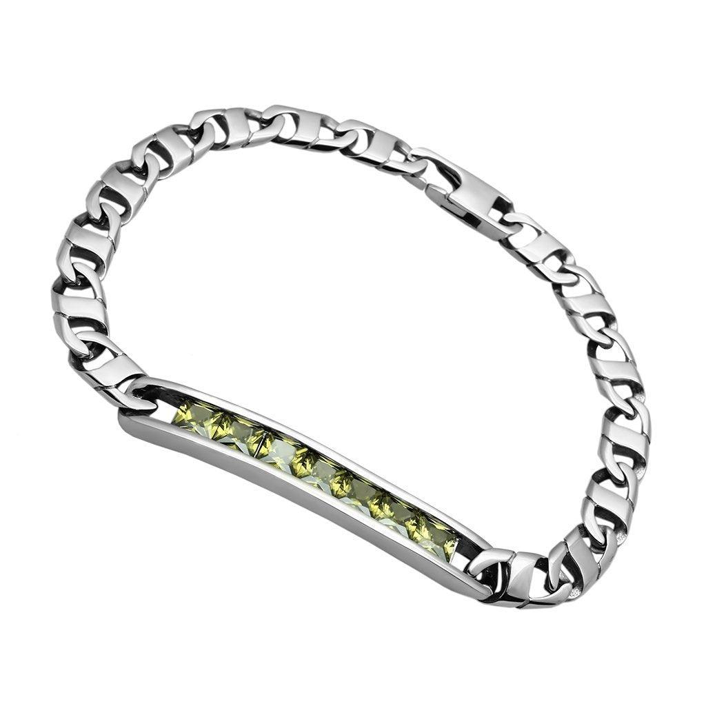 Men's Jewelry - Bracelets Men's Bracelets - TK570 - High polished (no plating) Stainless Steel Bracelet with AAA Grade CZ in Olivine color