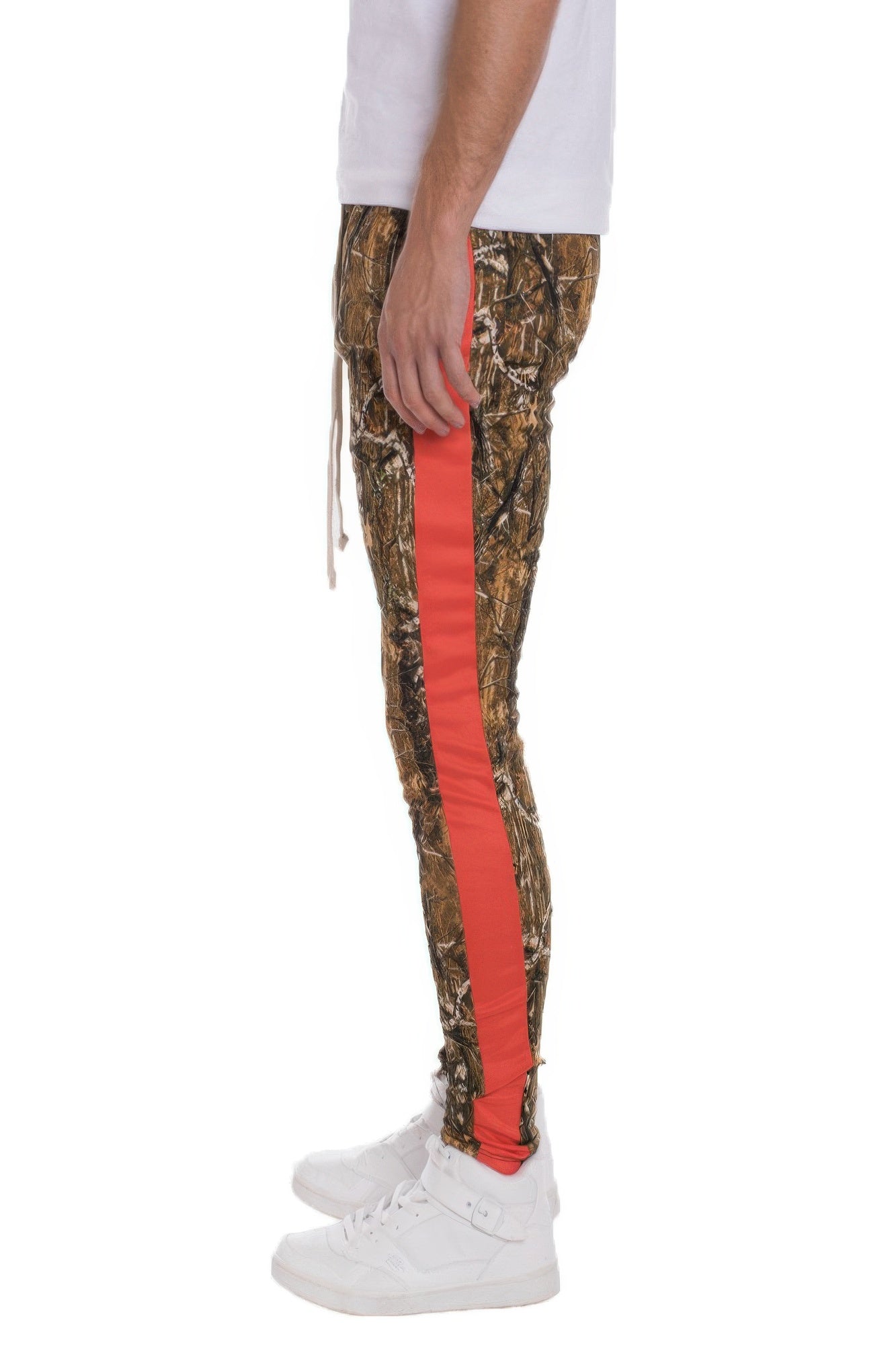Men's camo track pants with a stylish red stripe and a comfortable fit for casual outings