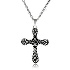 Men's cross necklace high polished with intricate swirl pattern on a durable chain