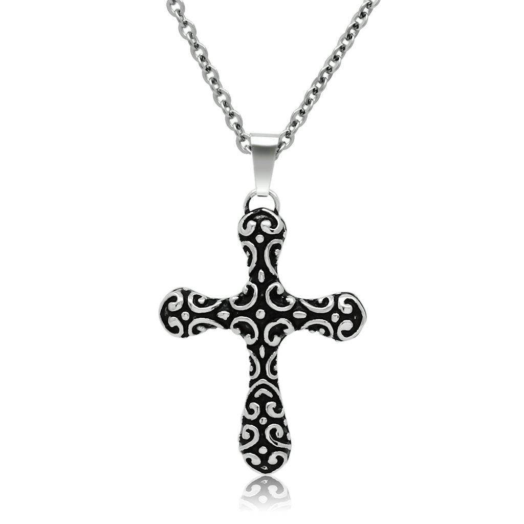 Men's cross necklace high polished with intricate swirl pattern on a durable chain