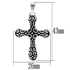 Men's cross necklace high polished with intricate swirl design and silver finish, measuring 43mm by 26mm