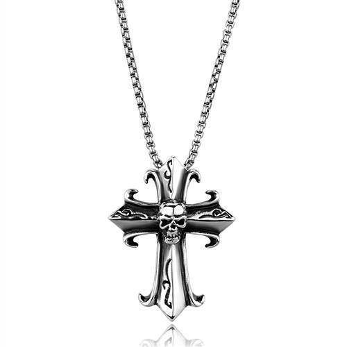 Men's cross necklace featuring a skull and intricate designs on a silver chain