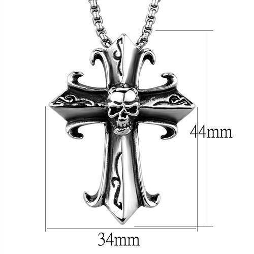 Men's cross necklace featuring a skull design with intricate detailing and chain link